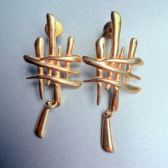 Brutalist Cross Hatch Mid Century Sterling Silver 925, Gold Dangle Earrings MCM